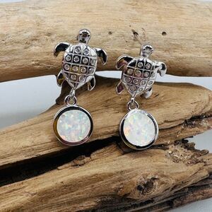 Sterling Silver White Opal Sea Turtle Drop Earrings with White Topaz